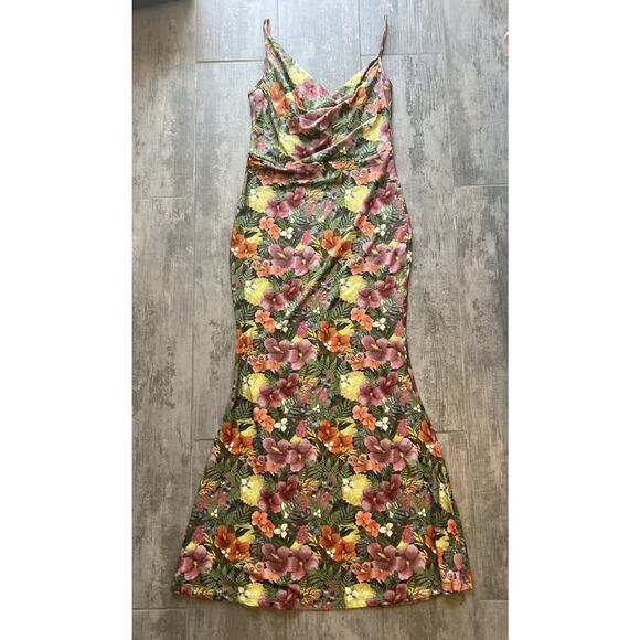 Sleeveless Cami Stretch Fitted Maxi Dress Floral Tropical NEW Drape Summer 6 M - Picture 5 of 9
